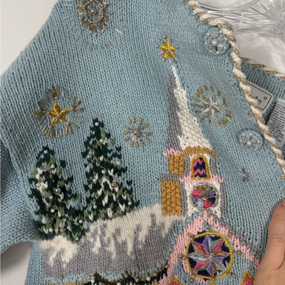 Vintage BellePointe Blue Winter Scape Embroidered Beaded Women's Cardigan Medium